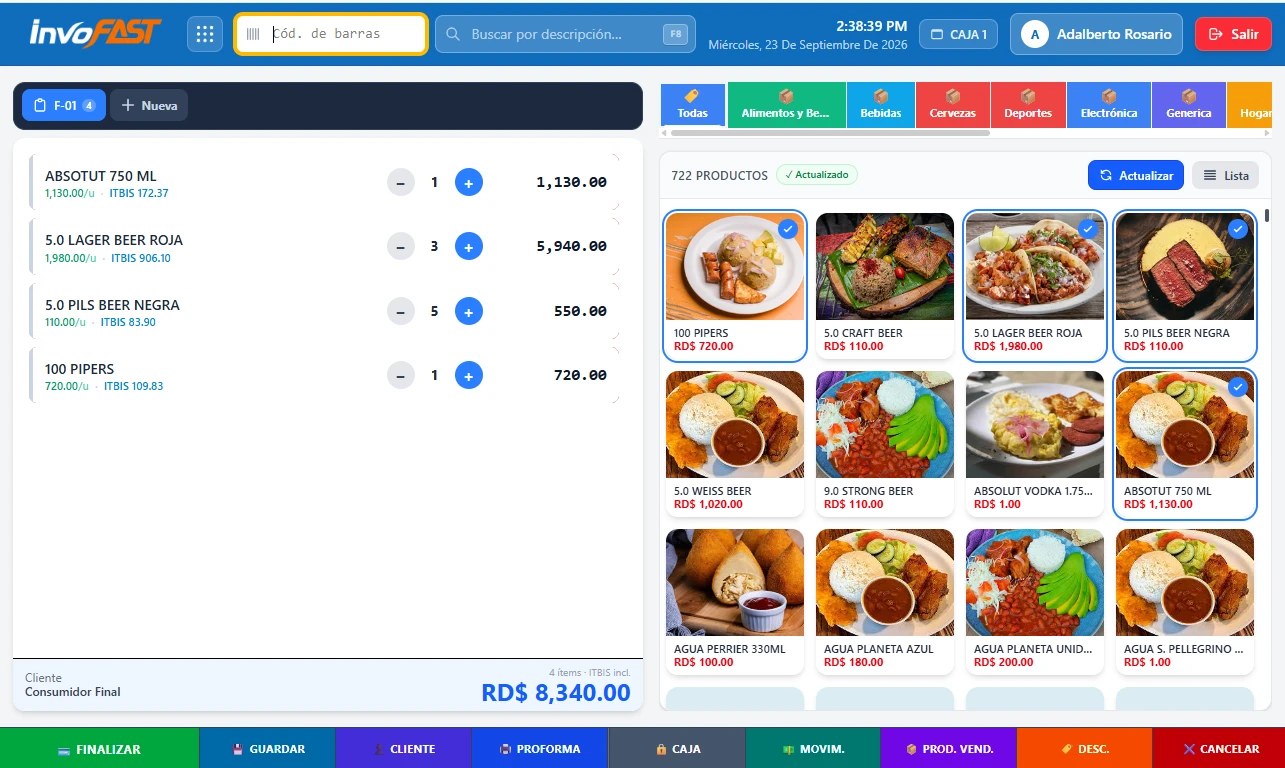 Punto de venta de InvoFast: productos con foto por categoría, la cuenta del cliente con ITBIS incluido y el total a cobrar